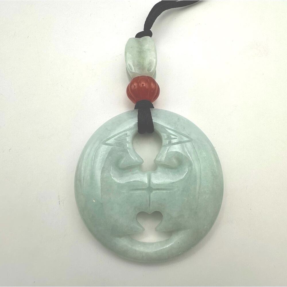 Chinese Jade Kissing Moon Light Green Jadeite Jade Necklace Black Silk Jewelry